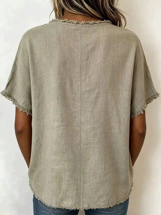 Full Size Frayed Hem Short Sleeve Top Plus Size by Trendsi in beige linen-look fabric