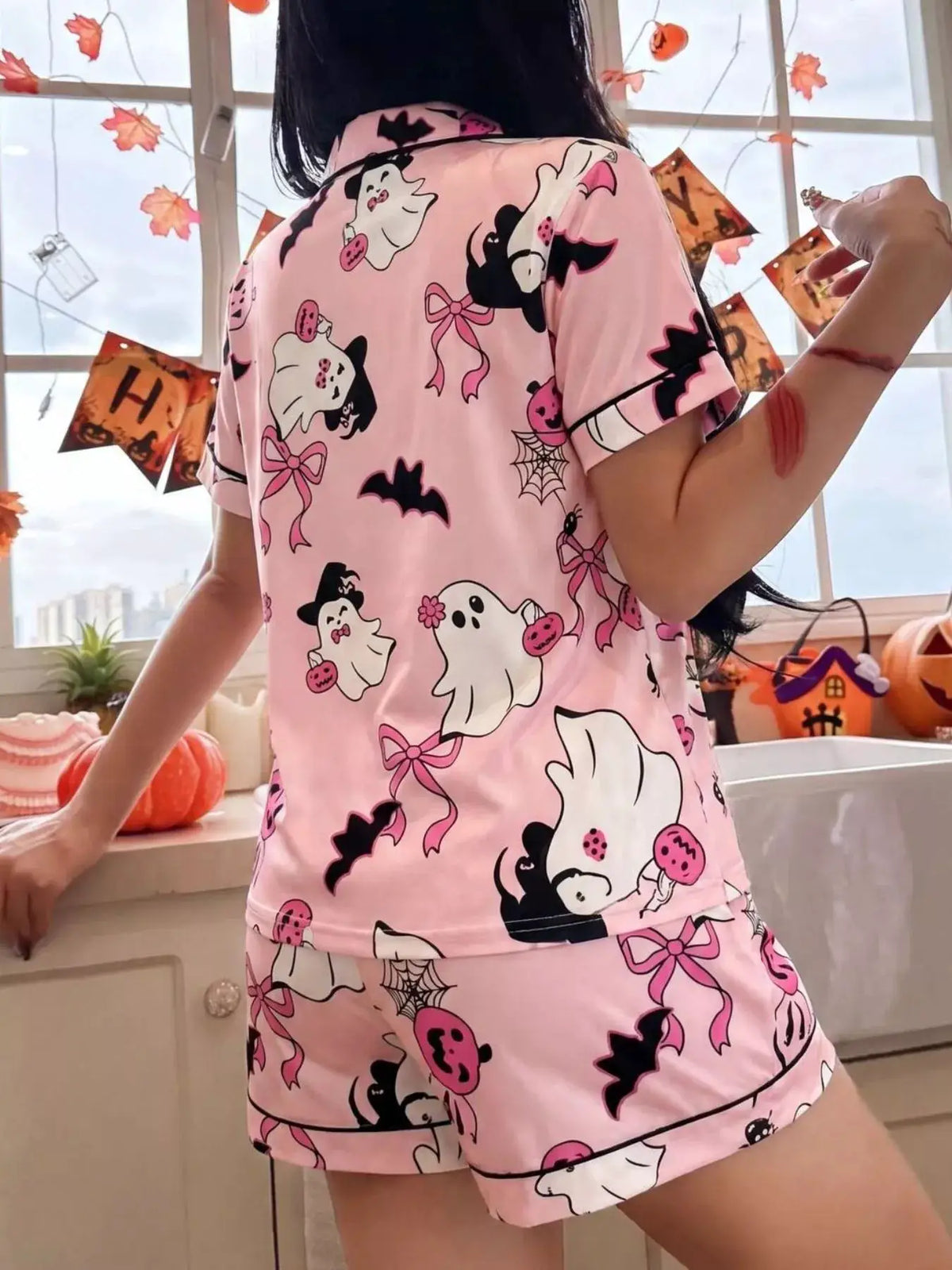 Halloween Ghost Print pink button-down top and shorts lounge set by Trendsi, 2-piece