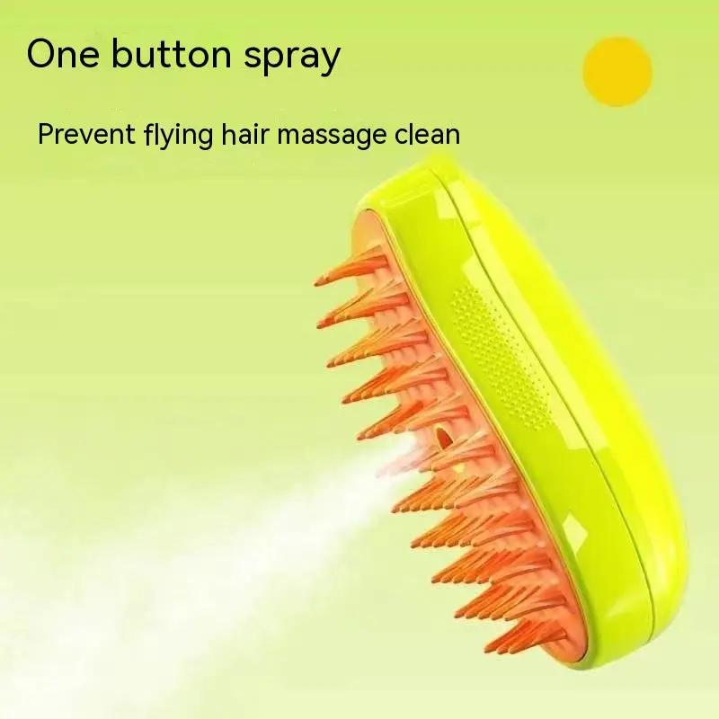 3-in-1 cat steam brush with lime-yellow body and orange bristles, one-button spray for massage and pet grooming.