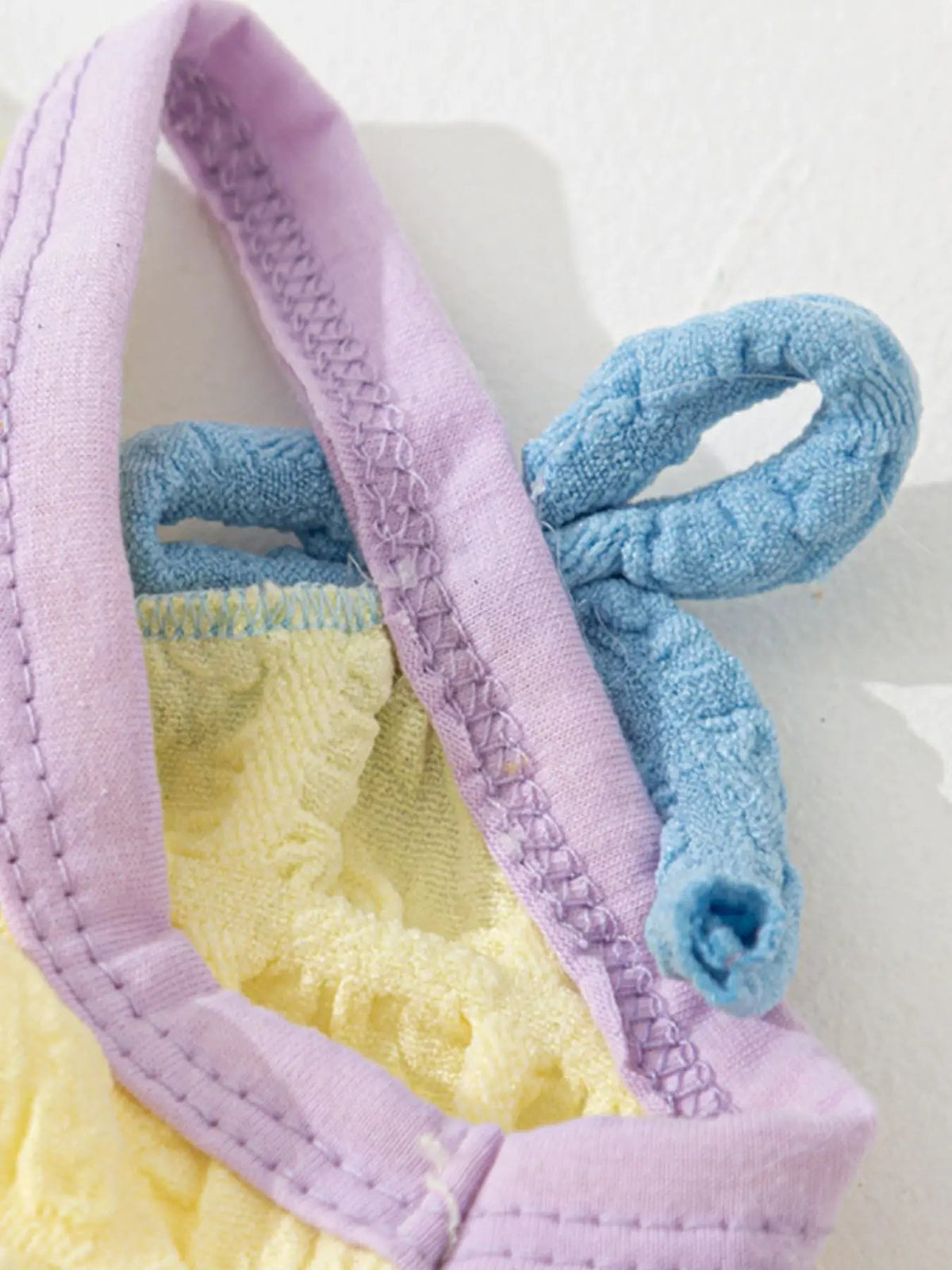 Bubble Textured Tie Shoulder Pet Top by Trendsi; lavender straps, yellow body with blue bubble texture.