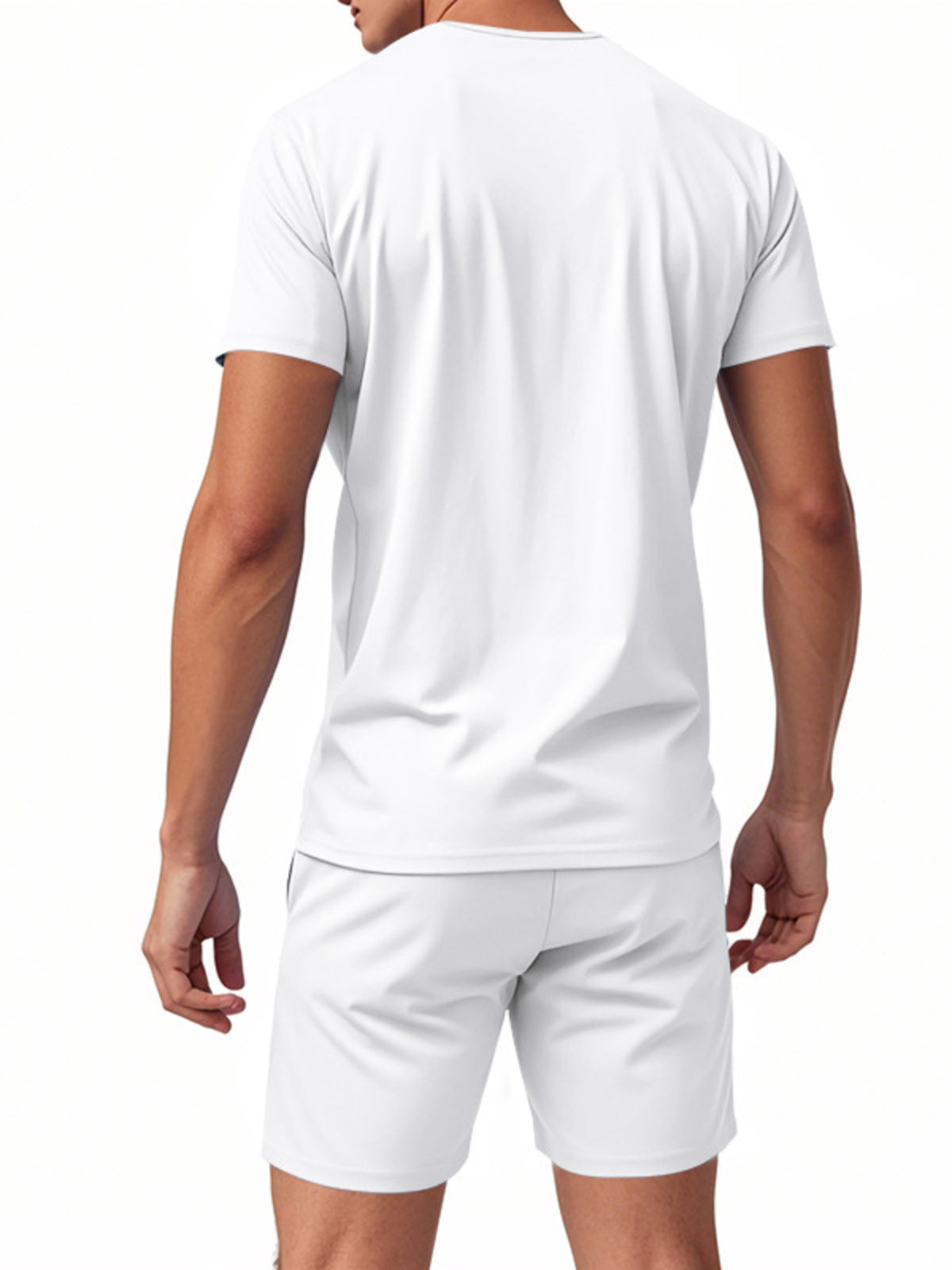 Men's white two-piece T-shirt and shorts set, plus size, back view