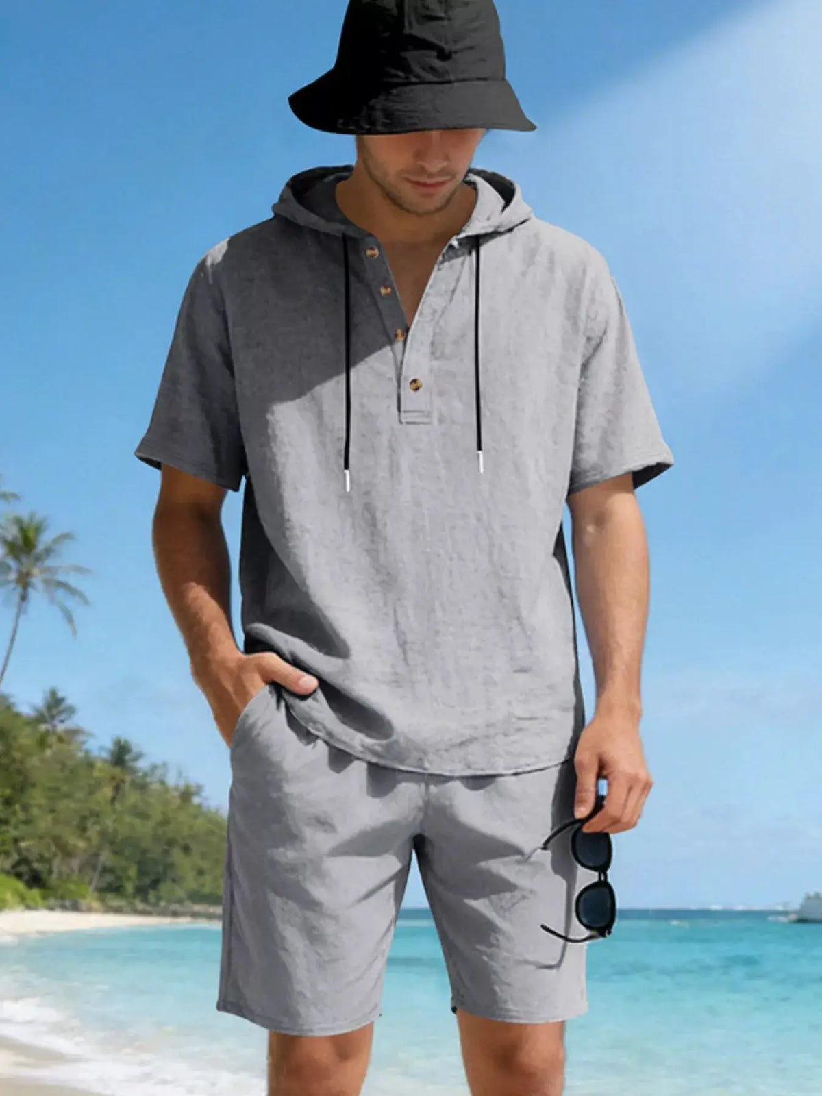 Mens linen-blend hooded top and shorts set in light grey, two-piece ensemble