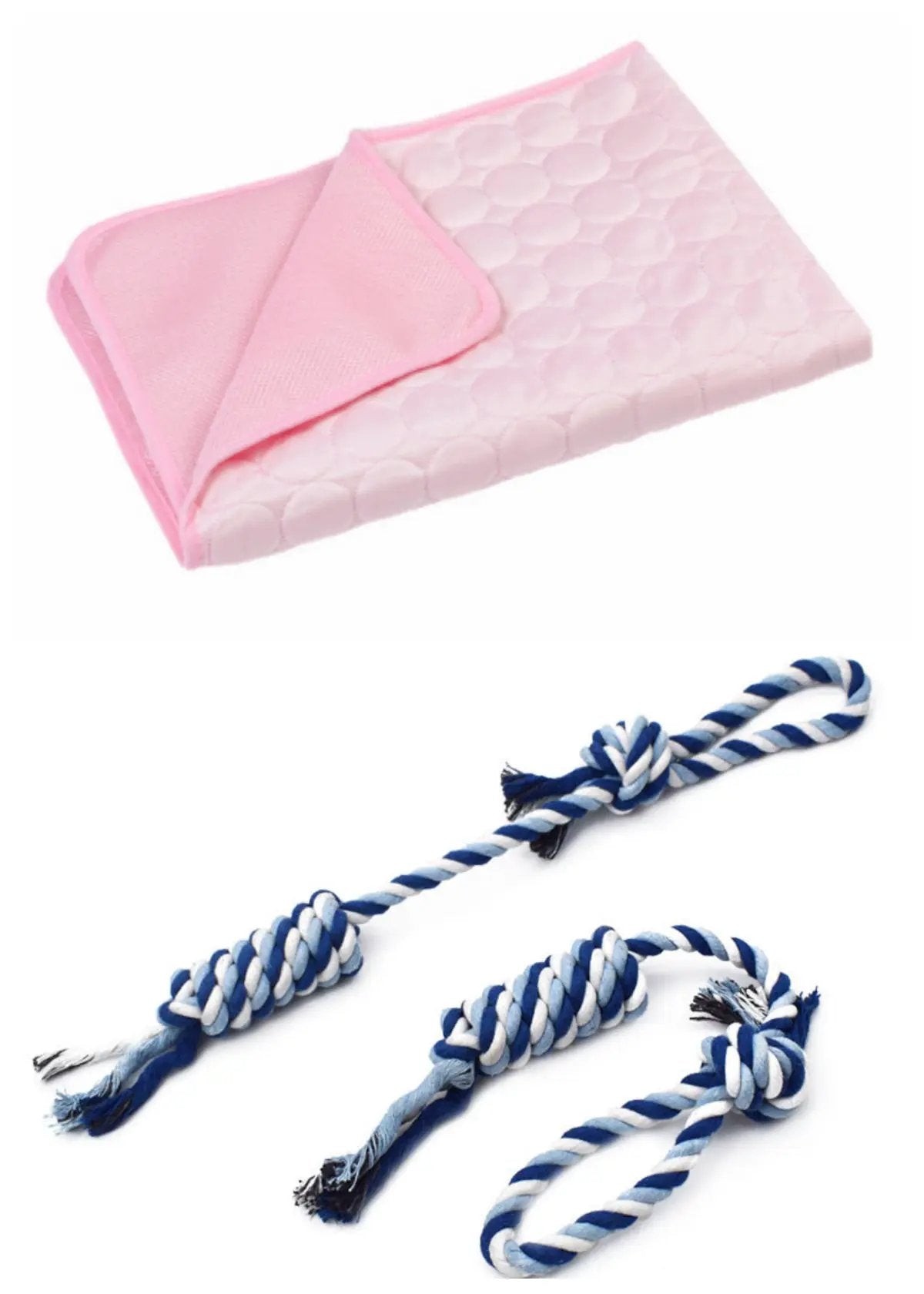 Summer Cooling Pet Sleeping Ice Silk Mat, pink quilted mat with 3 blue-white rope toys
