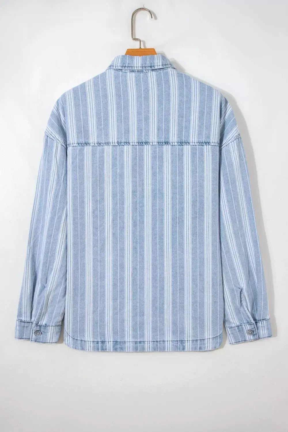Striped boyfriend denim shacket, light blue and white vertical stripes