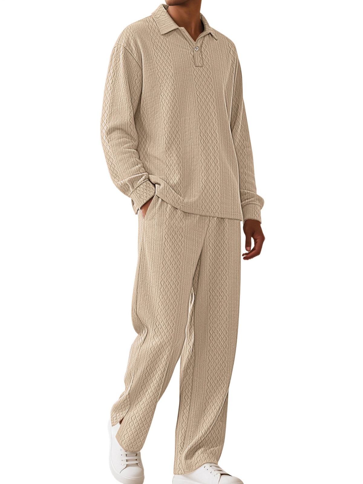Mens textured knit long-sleeve top and pants set in beige with pockets