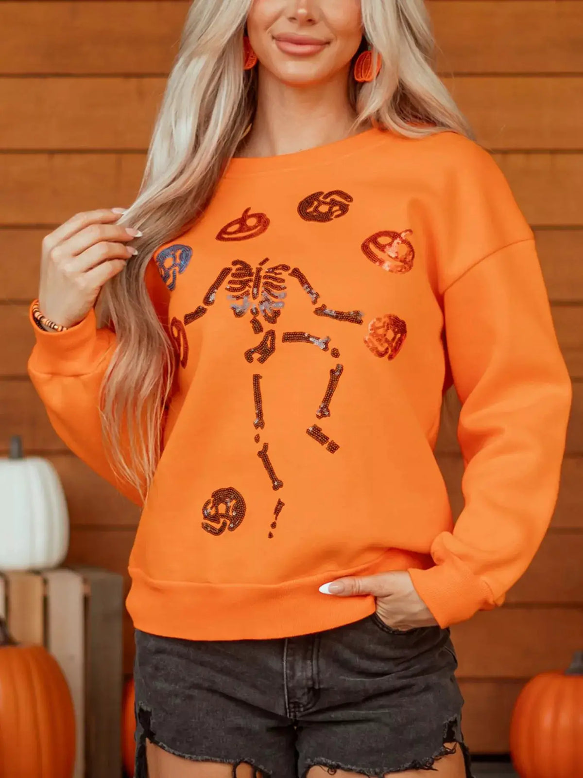 Dancing Critters Sequin Halloween Crewneck Sweatshirt, orange, sequined skeleton graphic.