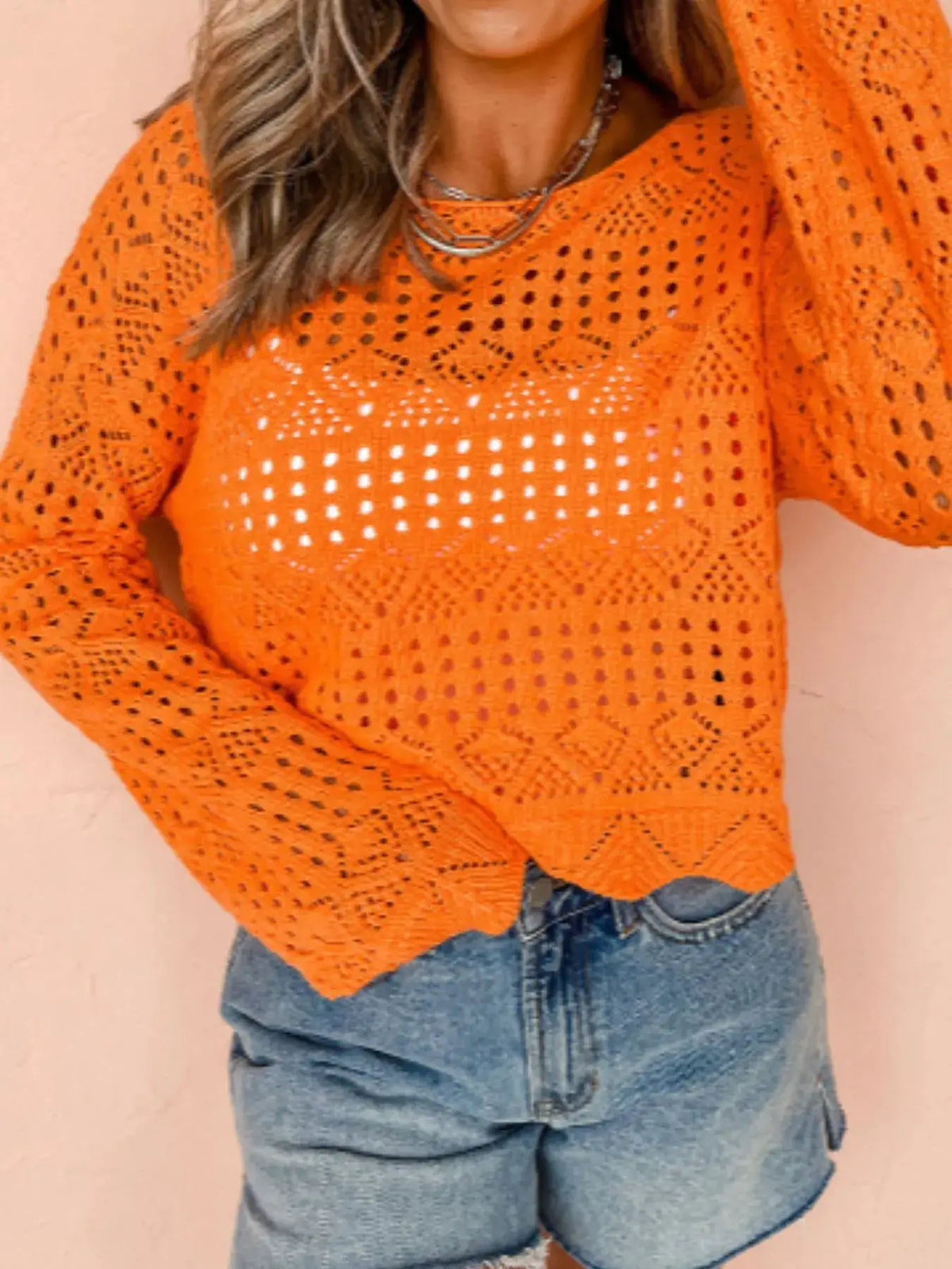 Openwork crochet boat-neck knit cover-up in orange, lightweight beachwear