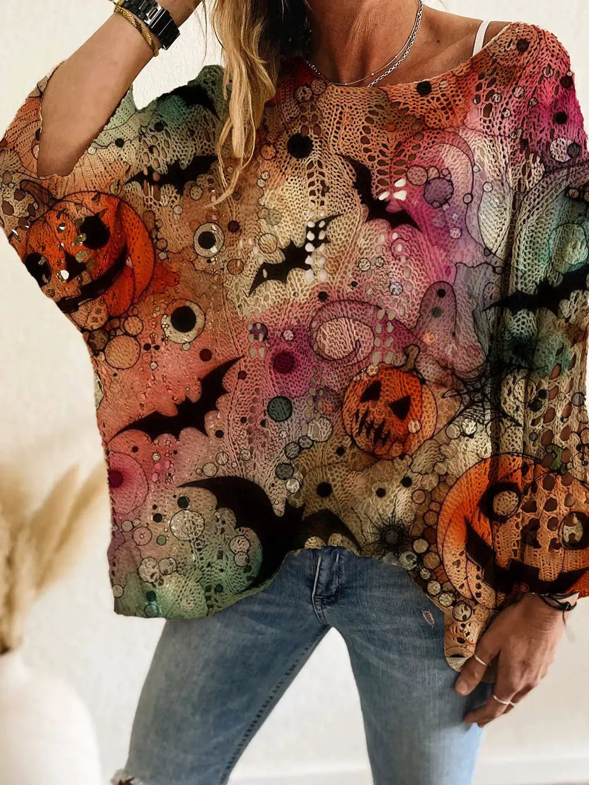 Full Size Halloween Pumpkin Loose Knit Cover Up, plus size, multicolor crochet knit by Trendsi