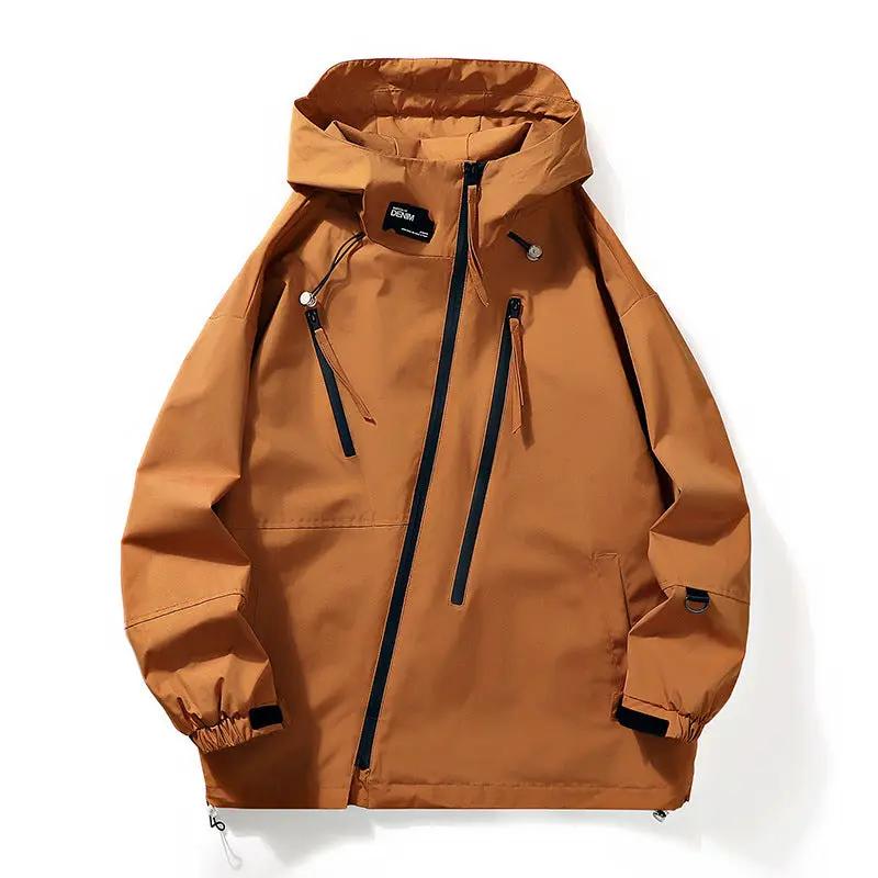 Mens workwear jacket in orange-brown with black zippers, hood, multiple zip pockets, AdTec brand.