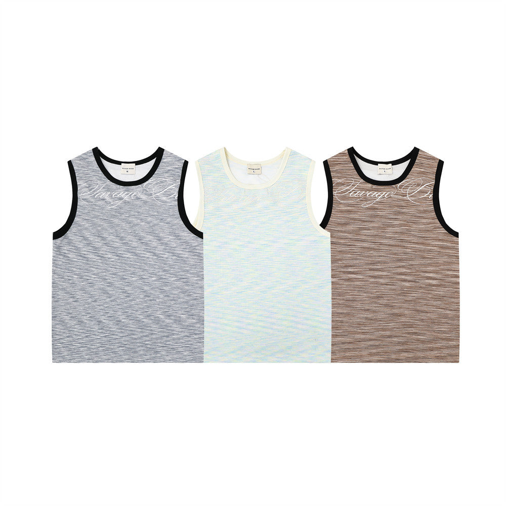 Color woven striped sports vest set; three sleeveless vests in gray, blue, and brown with black/white trim by eprolo.