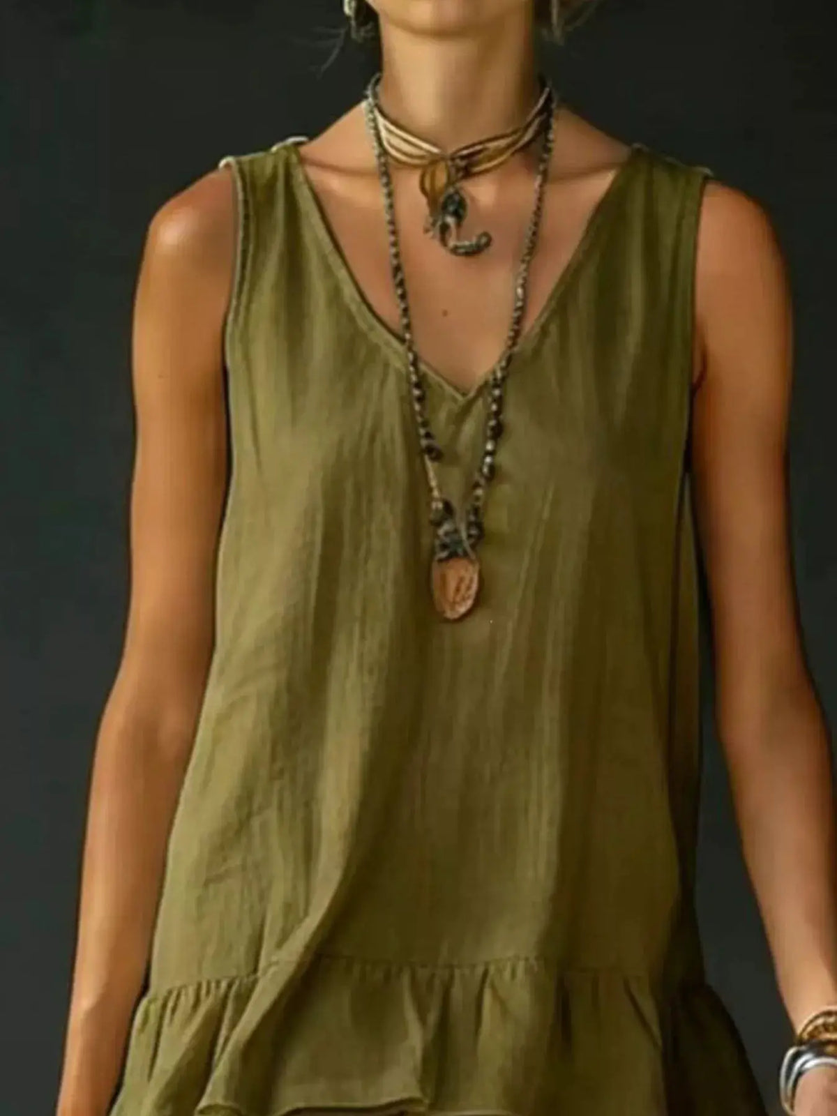 Full Size Ruffled Hem V-Neck Sleeveless Dress Plus Size in olive green, Trendsi