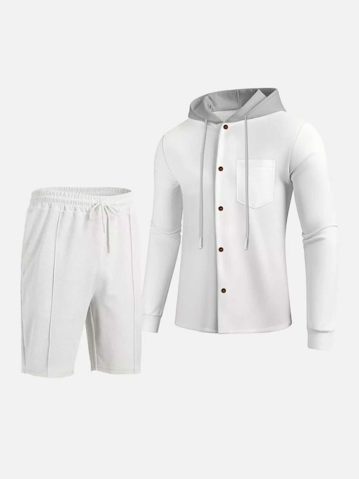 Men's white hooded button-up top and shorts two-piece set; chest pocket and drawstring hood