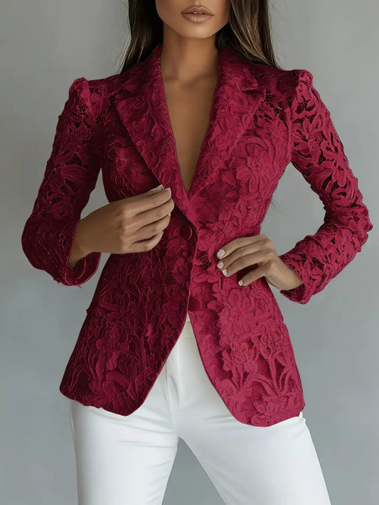 Women’s lace blazer by eprolo, burgundy sheer floral lace with a V-neck