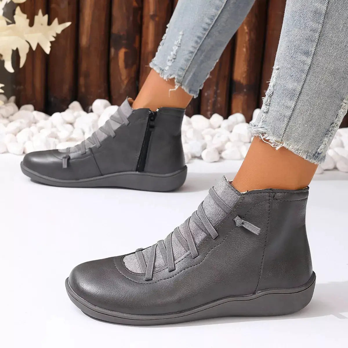 Lace-Up Faux Leather Ankle Boots in gray with side zip, Trendsi, pair shown.