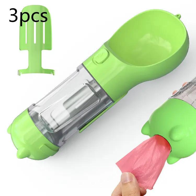 Green 3-in-1 pet water bottle with feeder bowl for dogs, portable outdoor travel accessory