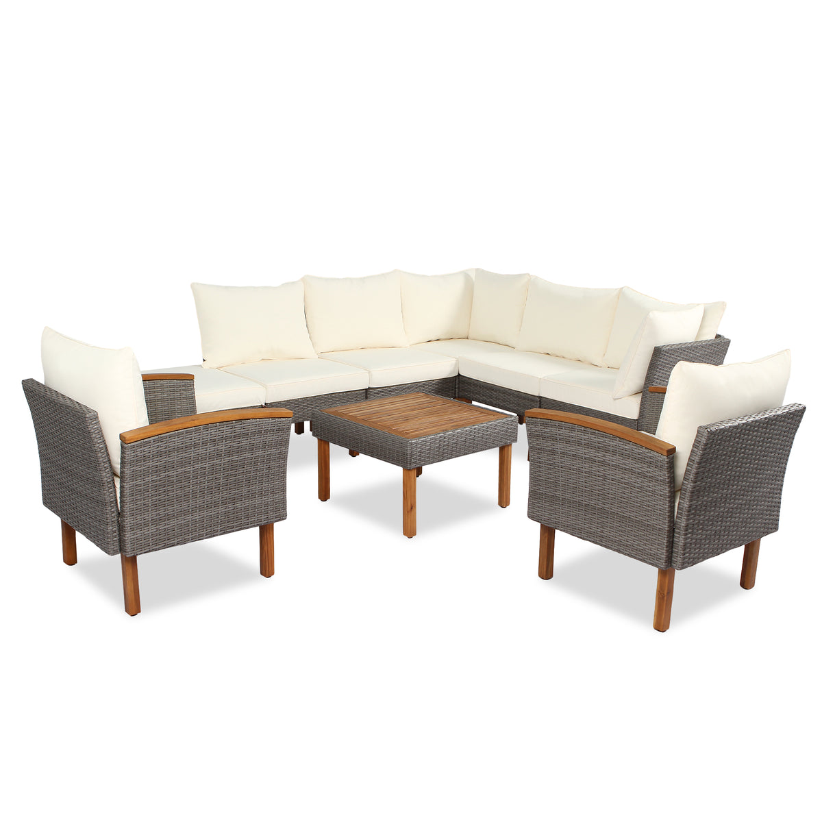 9-piece patio rattan furniture set with beige washable cushions, acacia wood legs and coffee table.