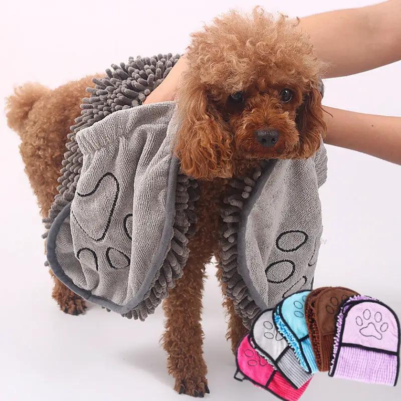 AdTec gray microfiber dog bath towel set with paw-print bathrobe and colorful matching towels