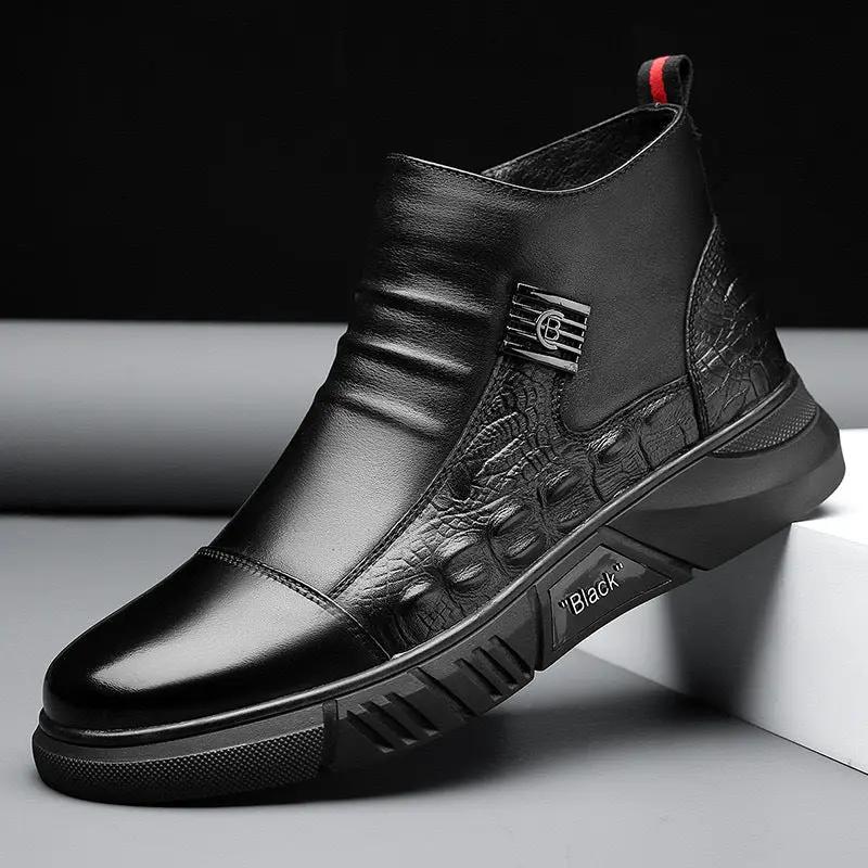 Westford Premium Leather Martin Boots by eprolo, black ankle boots with textured side panels and metal logo plate