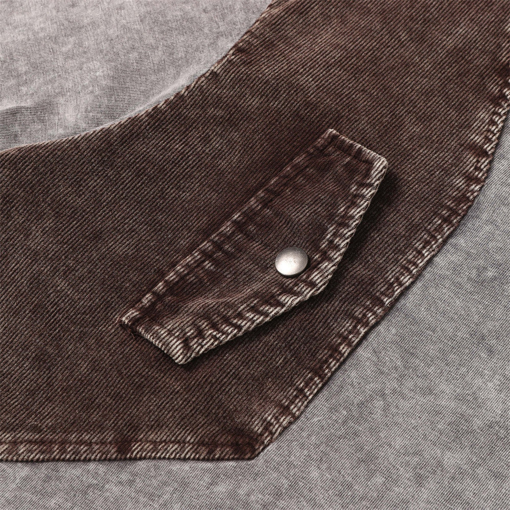 T-shirt by eprolo, washed brown denim pocket, short sleeves, silver snap button