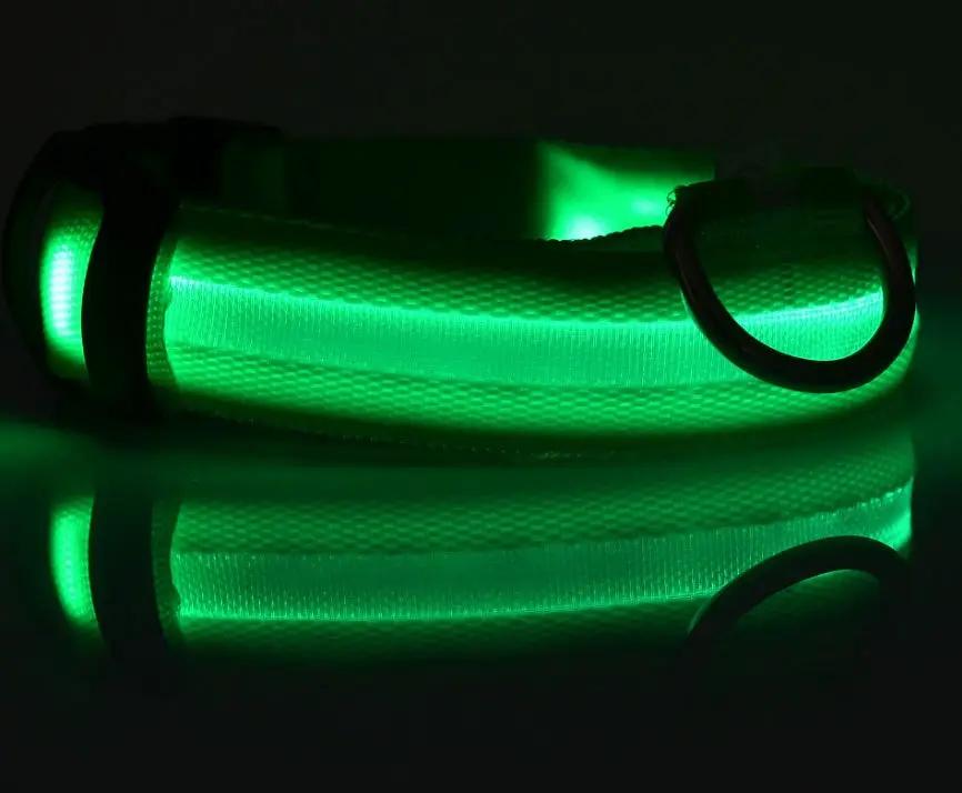 Nylon LED dog collar by AdTec, glowing green with a metal D-ring for safety.
