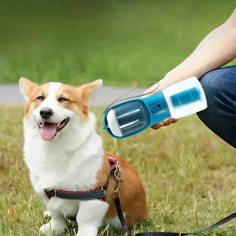 AdTec dog water cup, blue three-in-one portable pet drinking cup with built-in bag dispenser