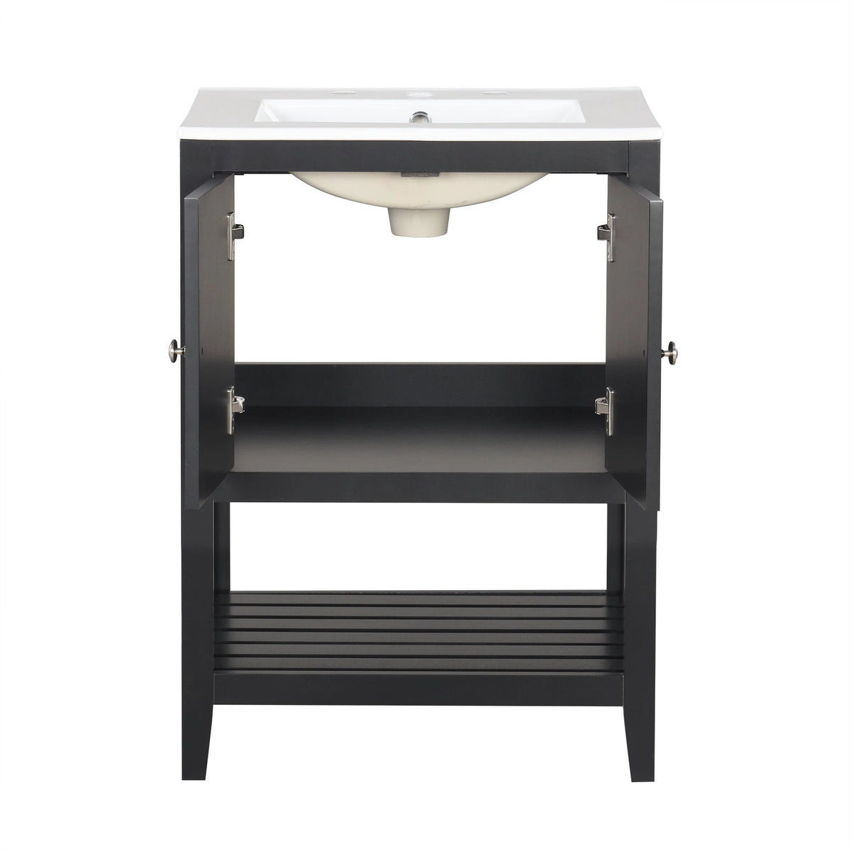 24" Black Modern Sleek Bathroom Vanity Elegant Ceramic Sink with Solid Wood Frame Open Style Shelf by eprolo