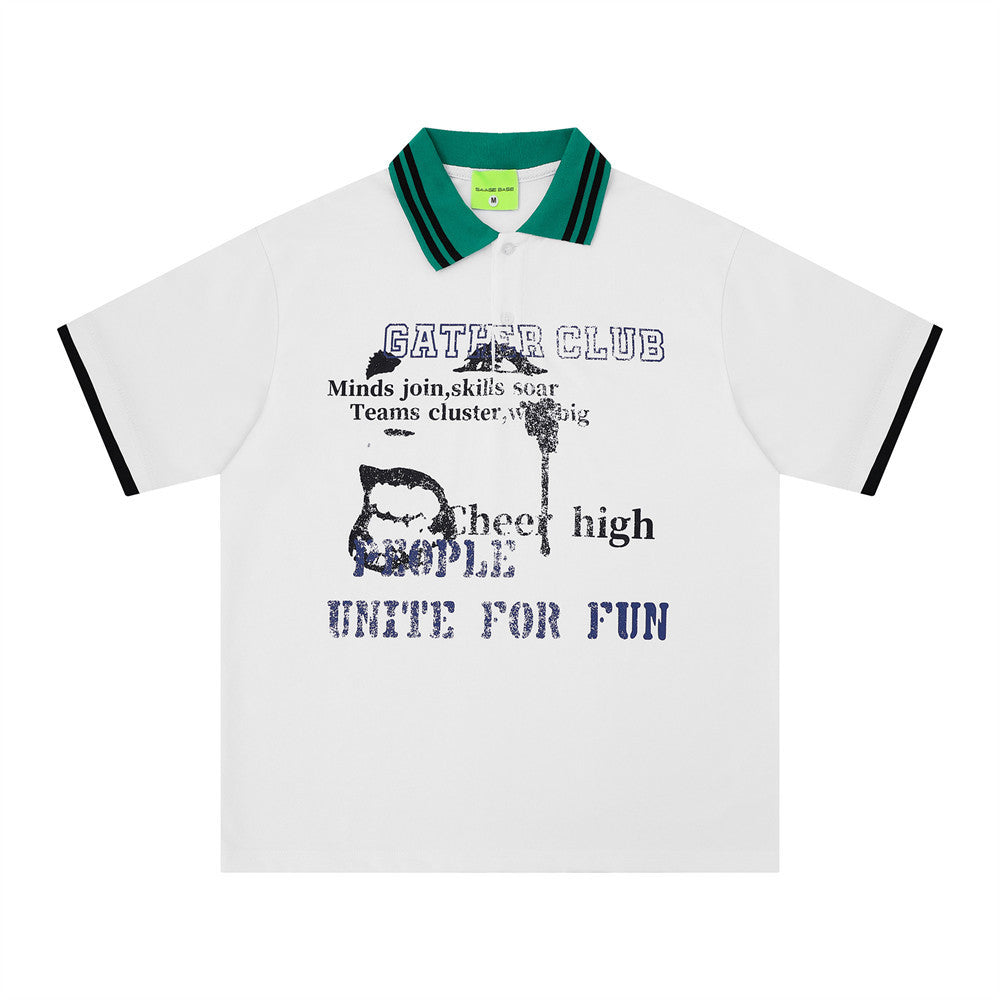Color-blocked lapel short-sleeve T-shirt by eprolo; green striped collar, black sleeve cuffs, distressed print