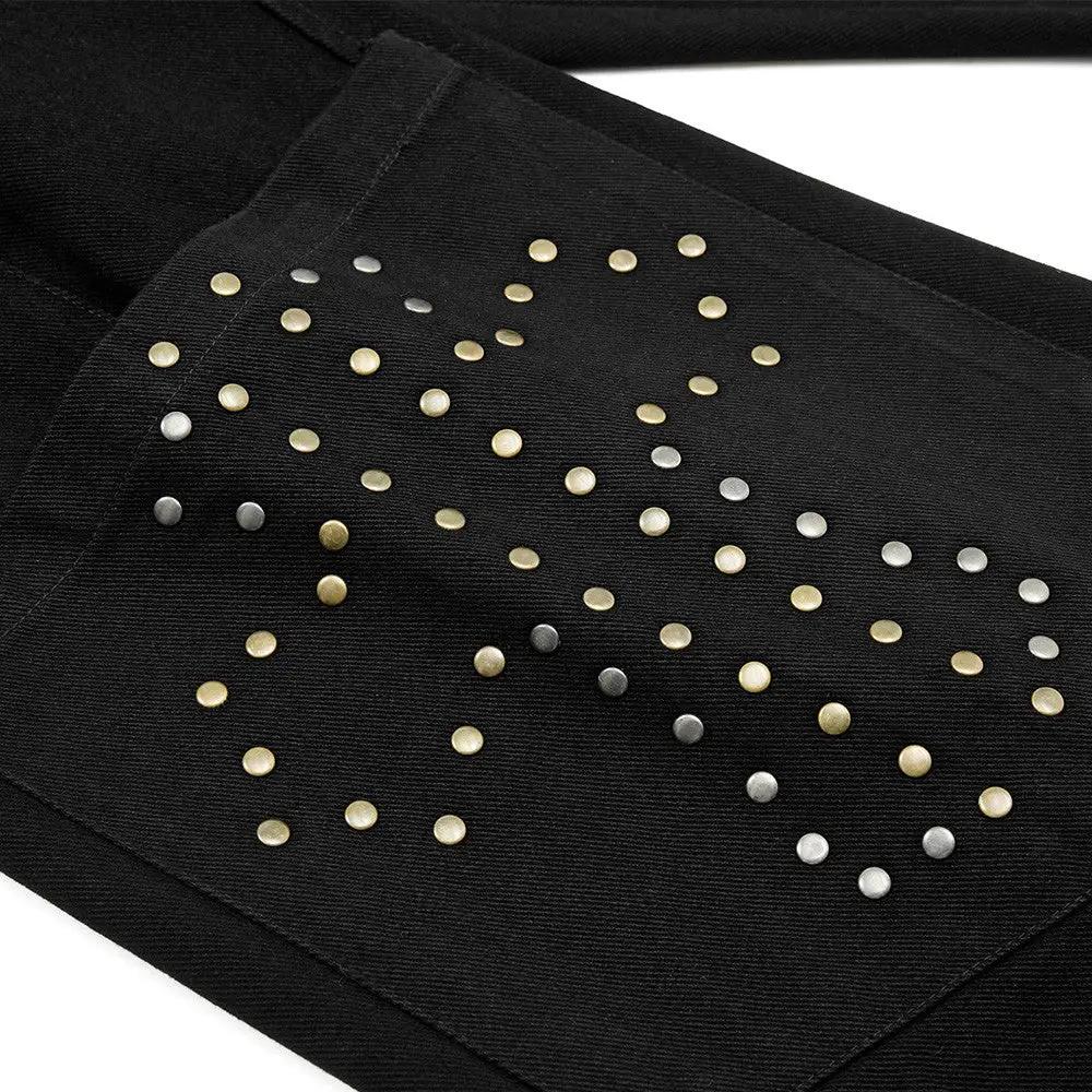 Men's solid black cotton denim wide-leg cowboy streetwear jeans with metal stud accents.
