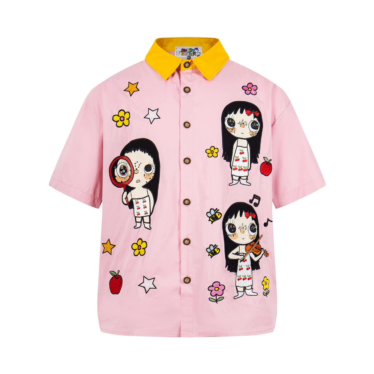 Cute little girl embroidered short-sleeved shirt in pink with yellow collar and cartoon character embroidery
