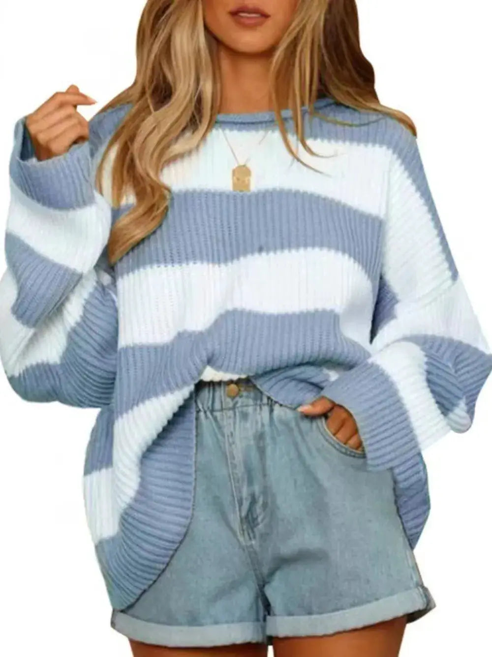 Essential round-neck long-sleeve knit sweater, blue and white stripes, soft stretch fabric, Trendsi