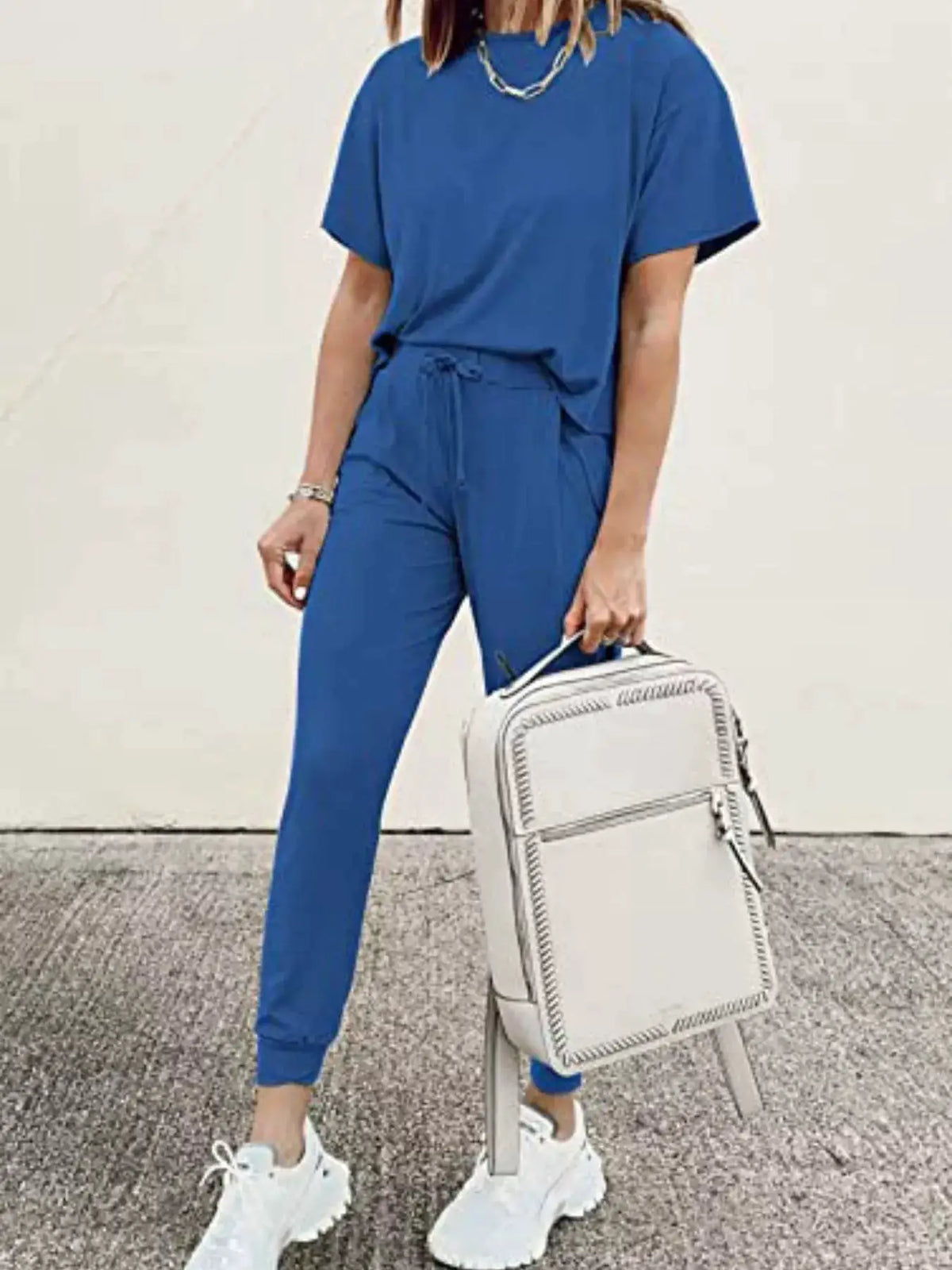 Trendsi blue full-size round-neck top with matching drawstring pants set, plus size