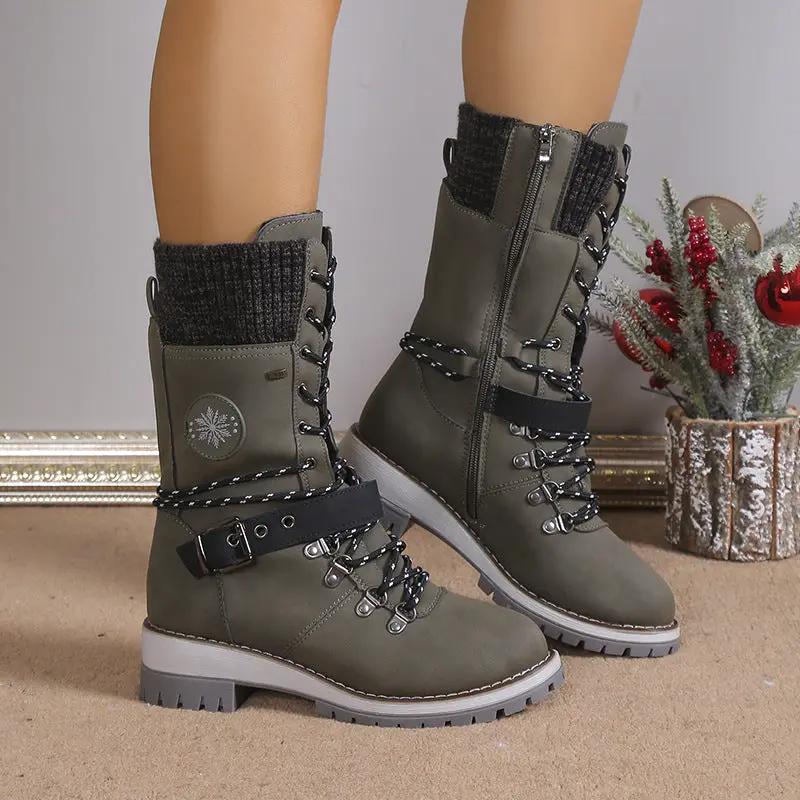 AdTec fur-integrated women's knee-high snow boots in olive green with lace-up, side zipper, buckle strap, chunky sole.