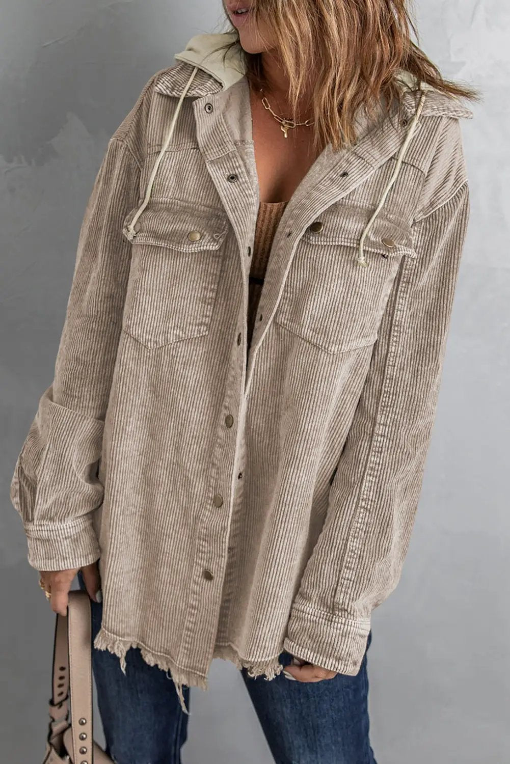 Snap Front Hooded Corduroy Shacket in beige, Trendsi