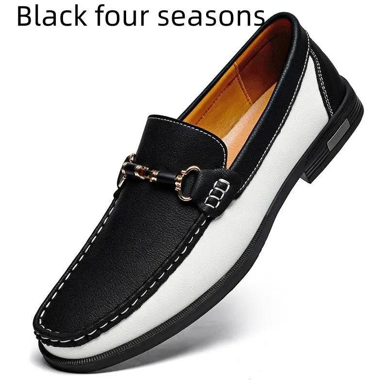 AdTec Meridian genuine leather moccasin slip-on flats in black with white side panels and gold-tone buckle