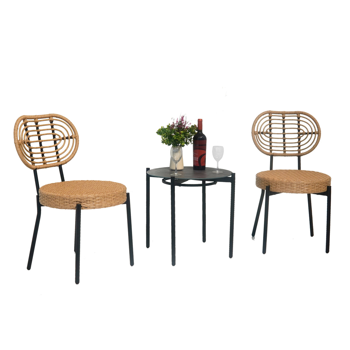 eprolo outdoor wicker bistro set, 3-piece: two natural wicker chairs with black legs and a round dark table