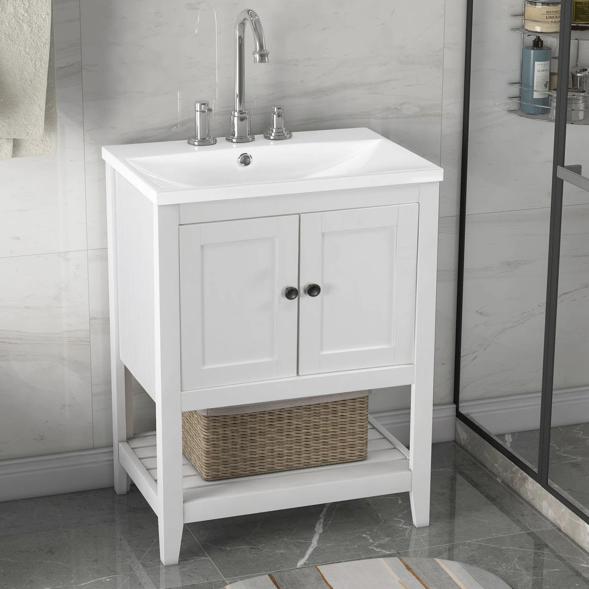 24" White Modern Sleek Bathroom Vanity Elegant Ceramic Sink with Solid Wood Frame Open Style Shelf by eprolo