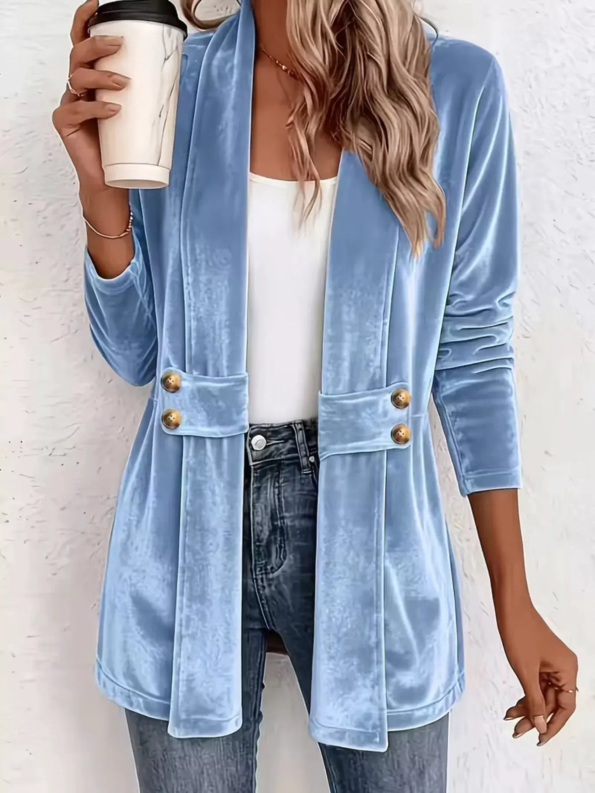 Velvet open-front coat in light blue with gold-tone buttons