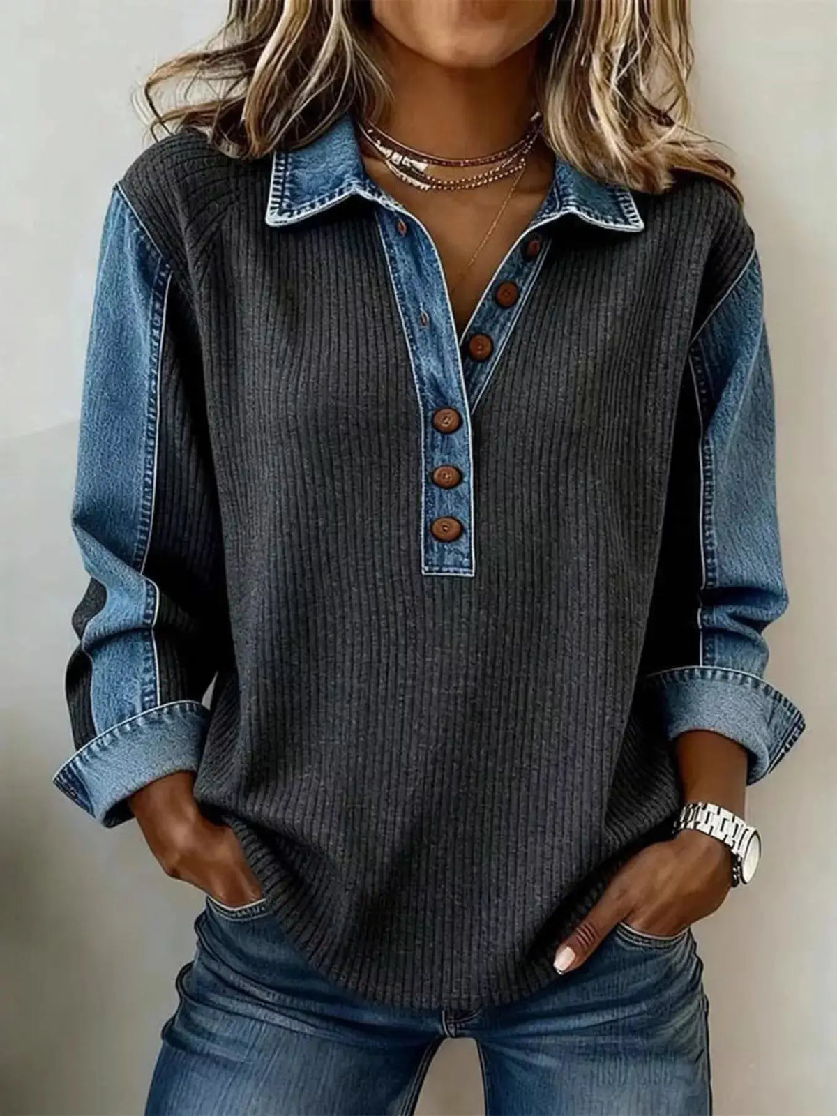 Denim Trim Button Detail Sweatshirt with dark gray rib-knit body and blue denim sleeves, Trendsi
