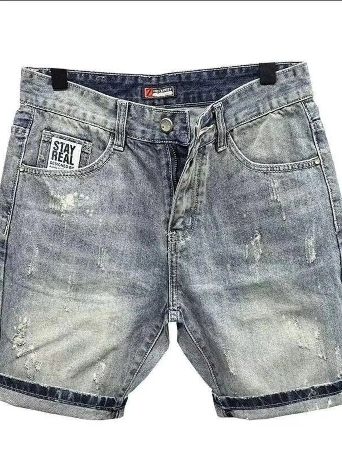 Mens lightweight stretch denim shorts with front pockets, distressed gray wash, Trendsi.