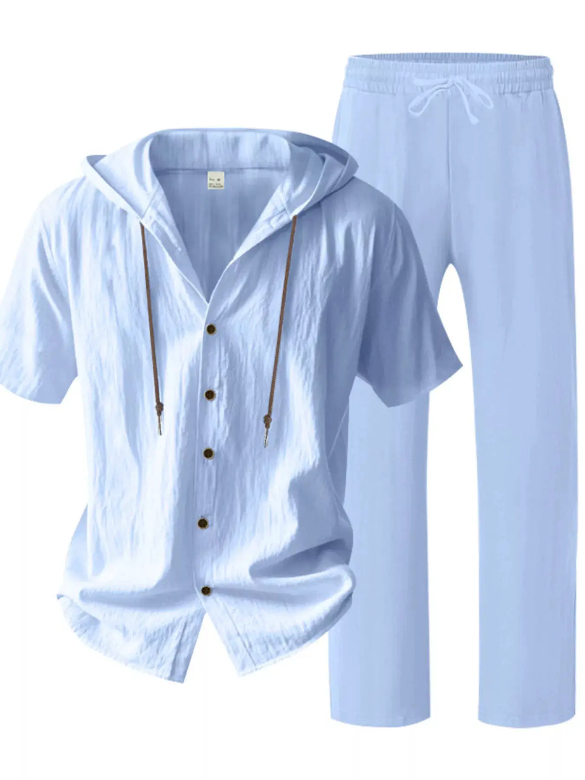 Men's plus-size breathable linen hooded button-up top and pants set in light blue