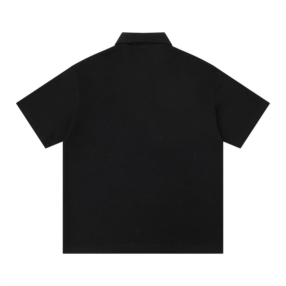 Lip print loose polo shirt, black, short-sleeve back view