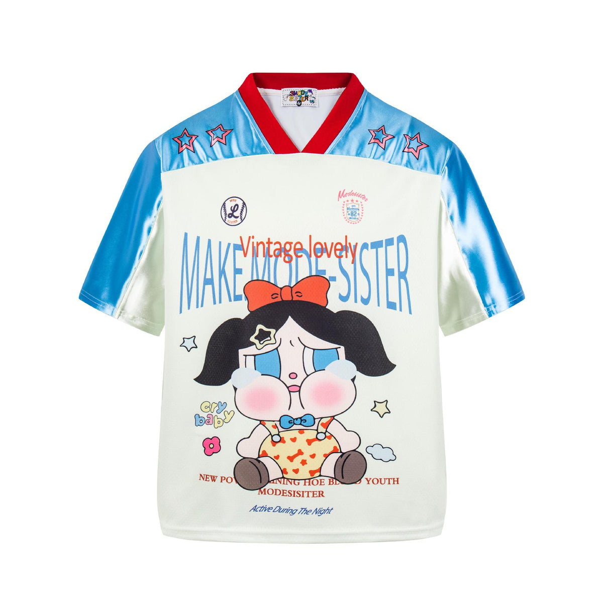 V-neck cartoon printed short sleeve shirt by eprolo, blue colorblock with red collar and large front graphic.
