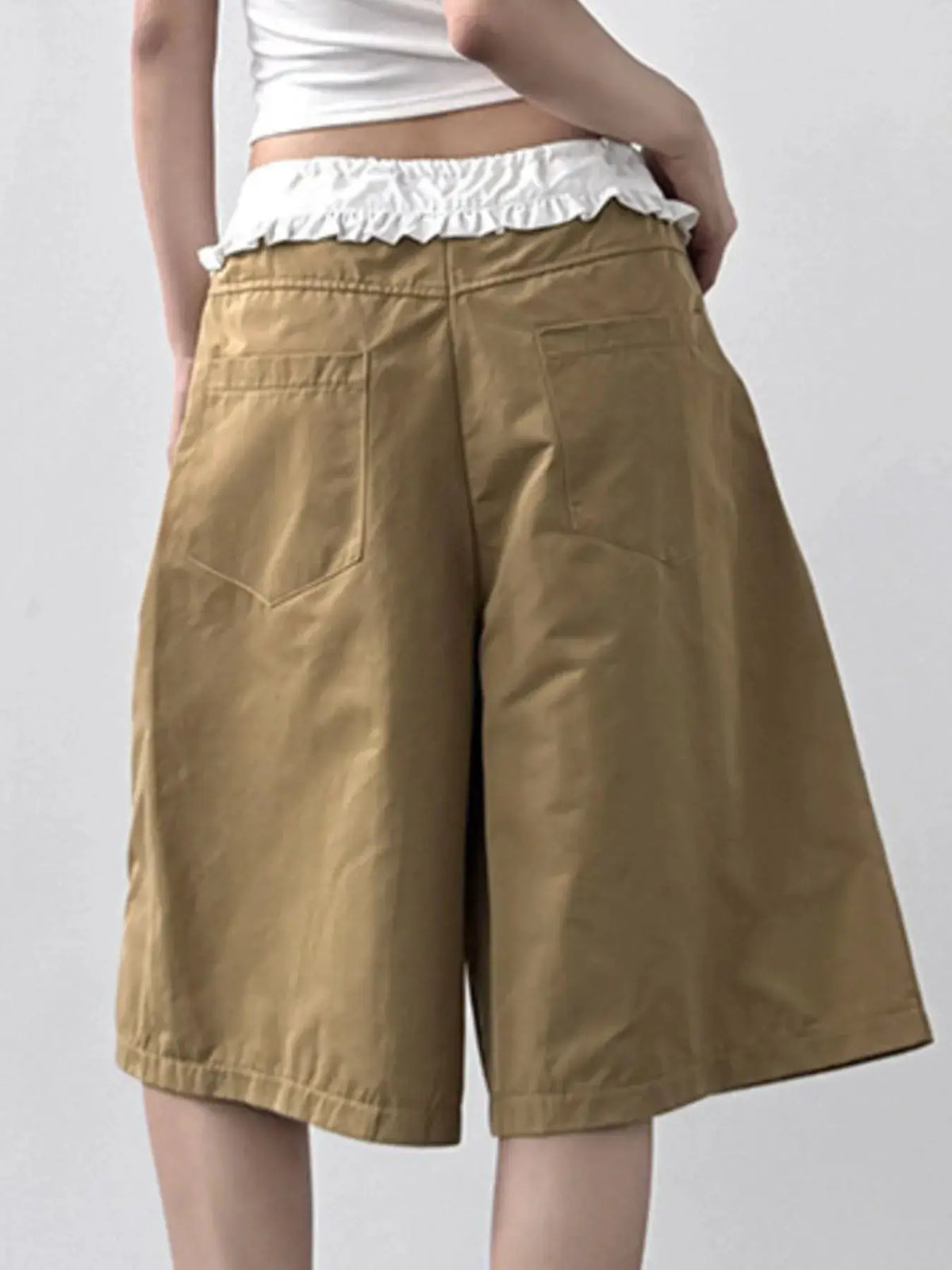 Trendsi Contrast Waistband Wide-Leg Shorts in khaki with white ruffled waistband