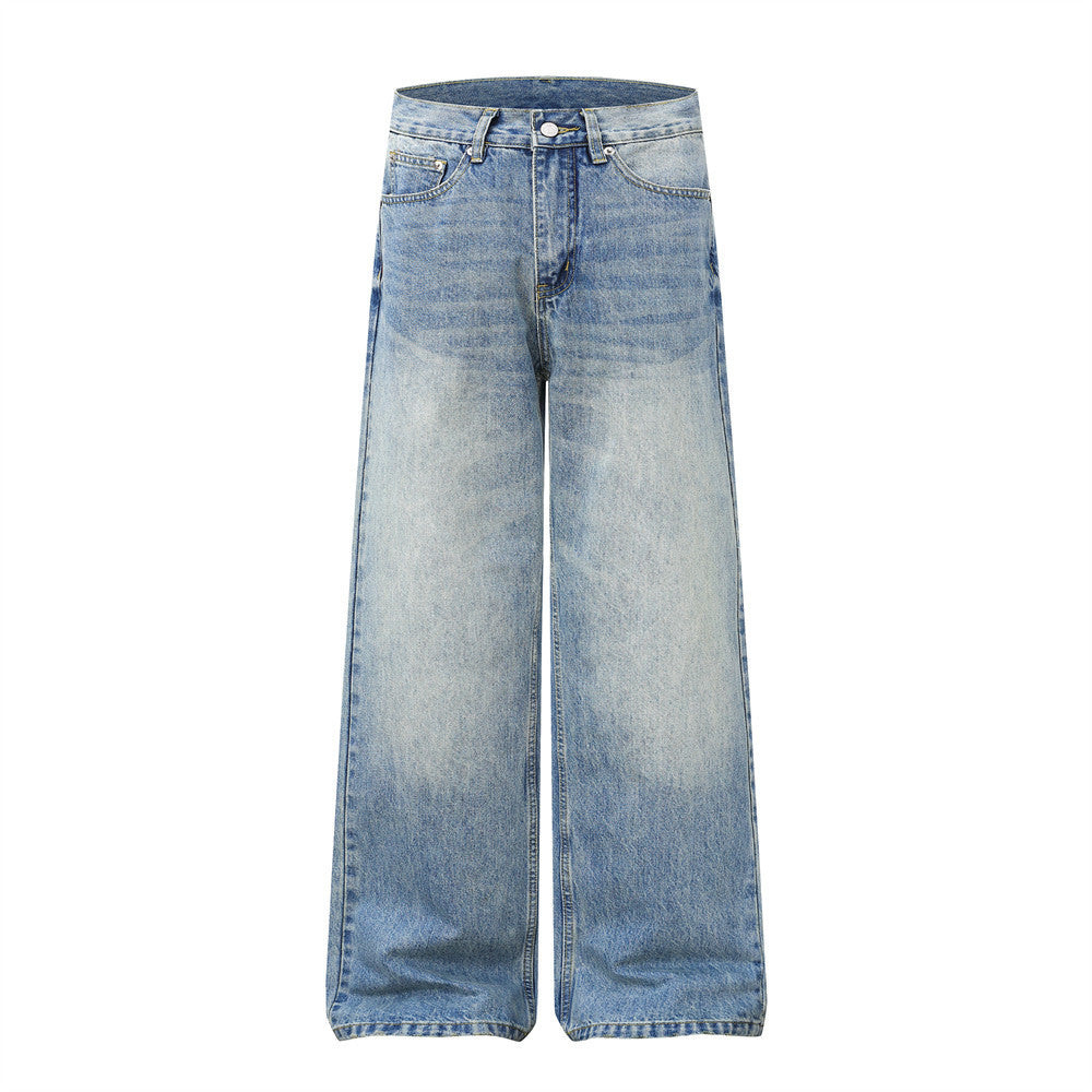 Grinding white washed denim pants, light blue wide-leg jeans, Korean style by eprolo