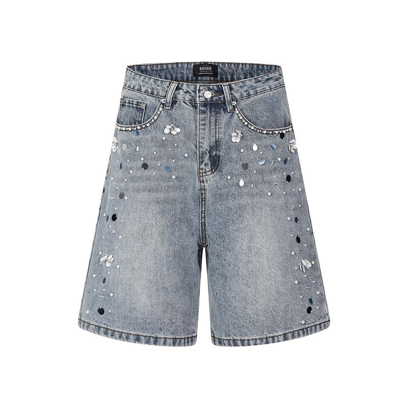 Handmade beaded washed denim shorts by eprolo, blue with rhinestone embellishments