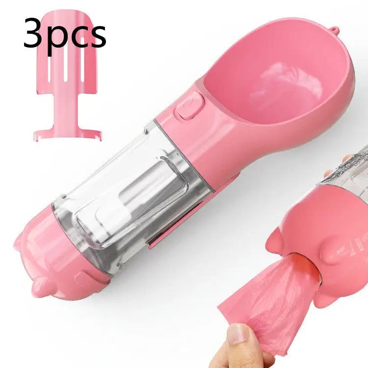 3-in-1 pet water bottle in pink portable with feeder bowl and garbage bag storage