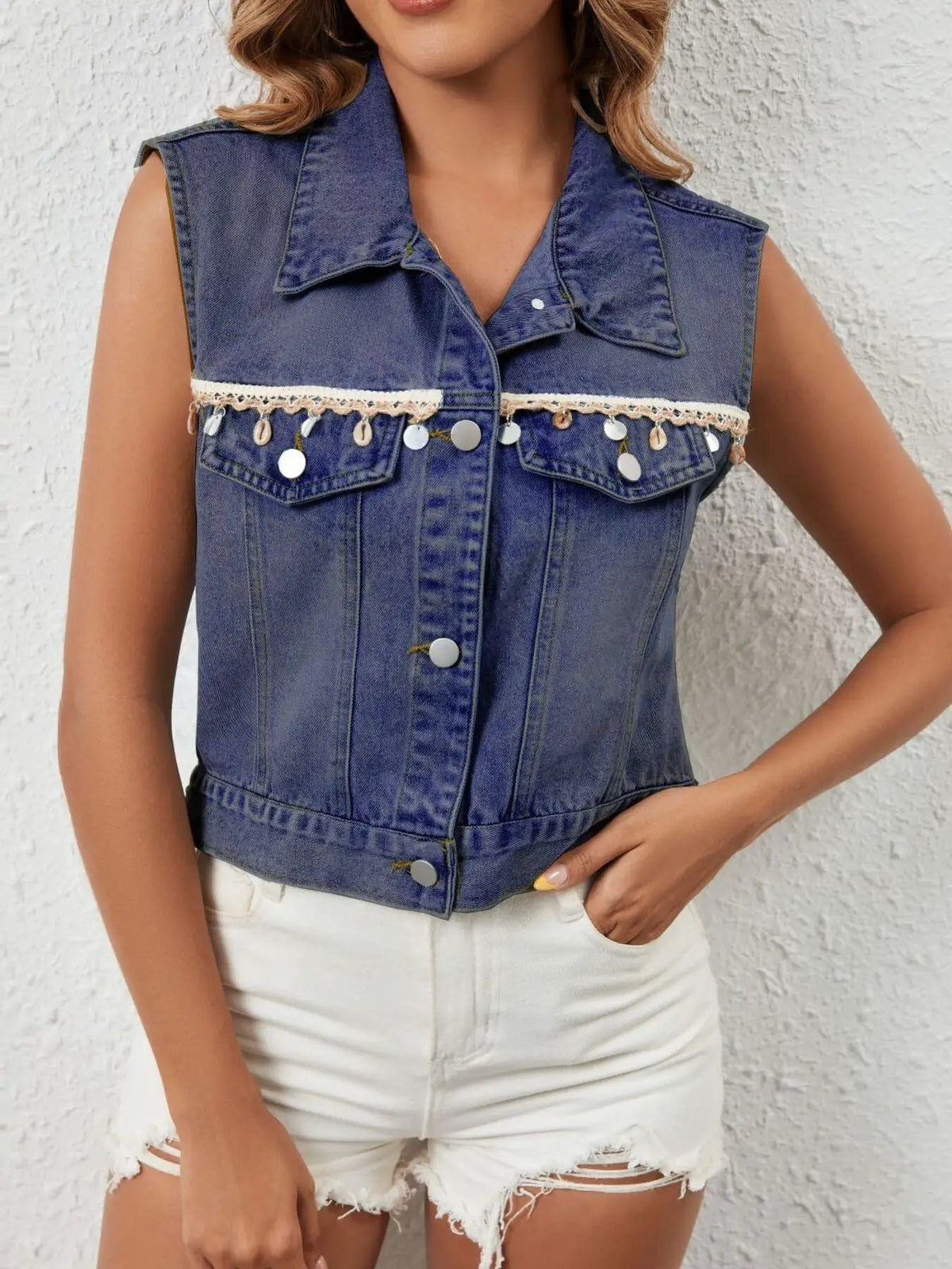 Gentle Drape Rayon Button Up Layering Top by Trendsi, blue denim-style sleeveless button-up with pearl trim