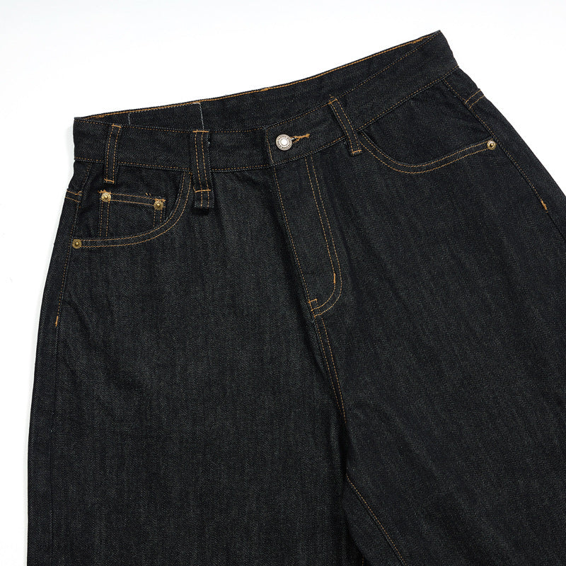 Original cowhide denim cropped shorts with vintage style, dark indigo and contrast stitching