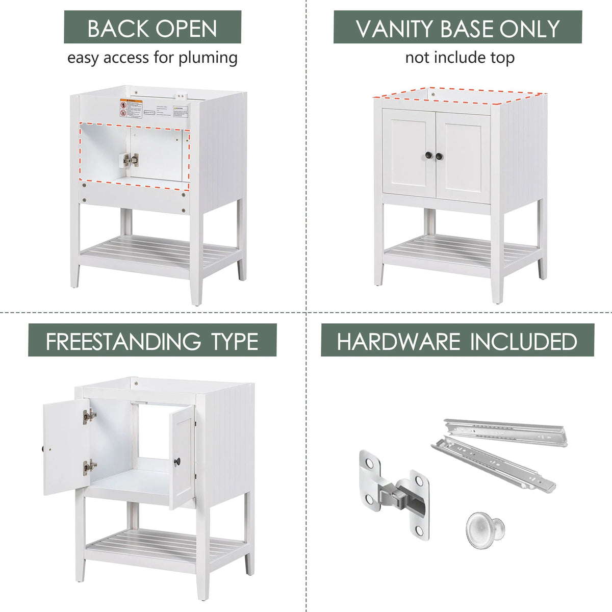 24" Bathroom Vanity Base Only, Soild Wood Frame, Bathroom Storage Cabinet by eprolo