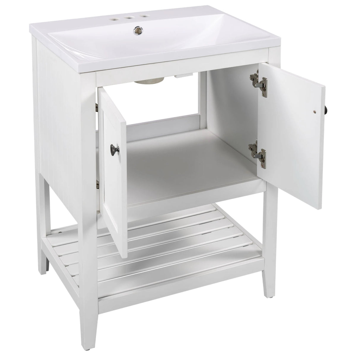 24" White Modern Sleek Bathroom Vanity Elegant Ceramic Sink with Solid Wood Frame Open Style Shelf by eprolo